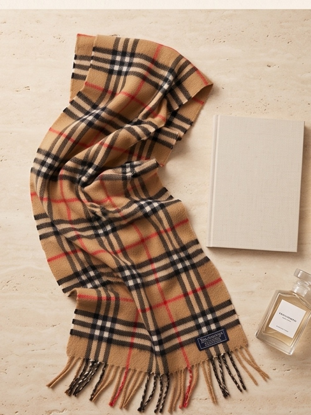 Vintage Burberrys Beige Plaid Wool Scarf with Black & Red Stripe